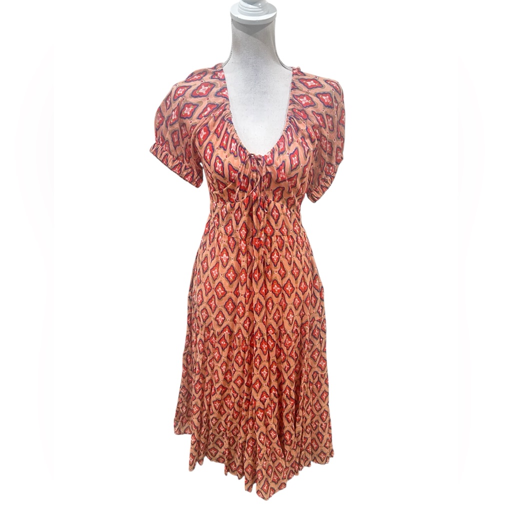 Banjanan Coral Tie Midi Dress Empire Waist Lined Elastic Short Sleeve Sz Small